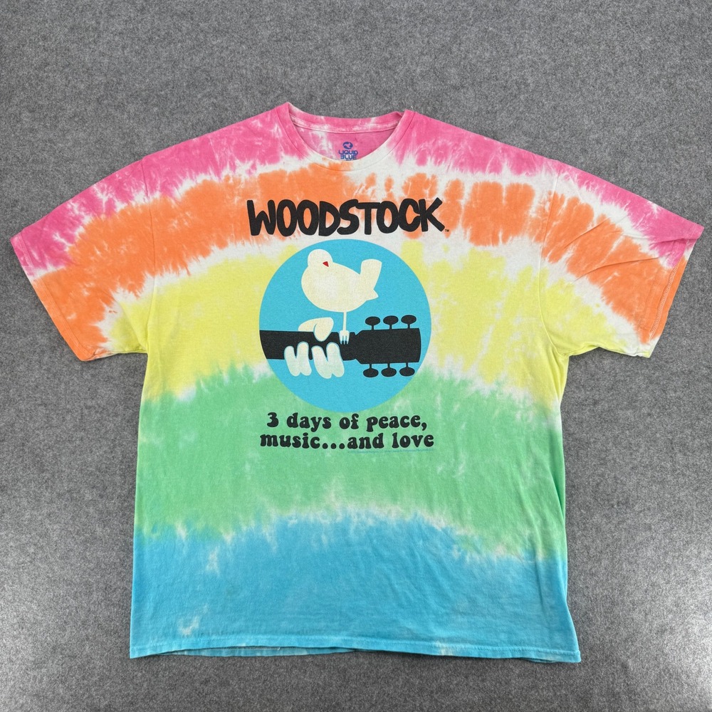 Woodstock Rainbow Tie-Dye Graphic Liquid Blue T-Shirt Mens 2XL